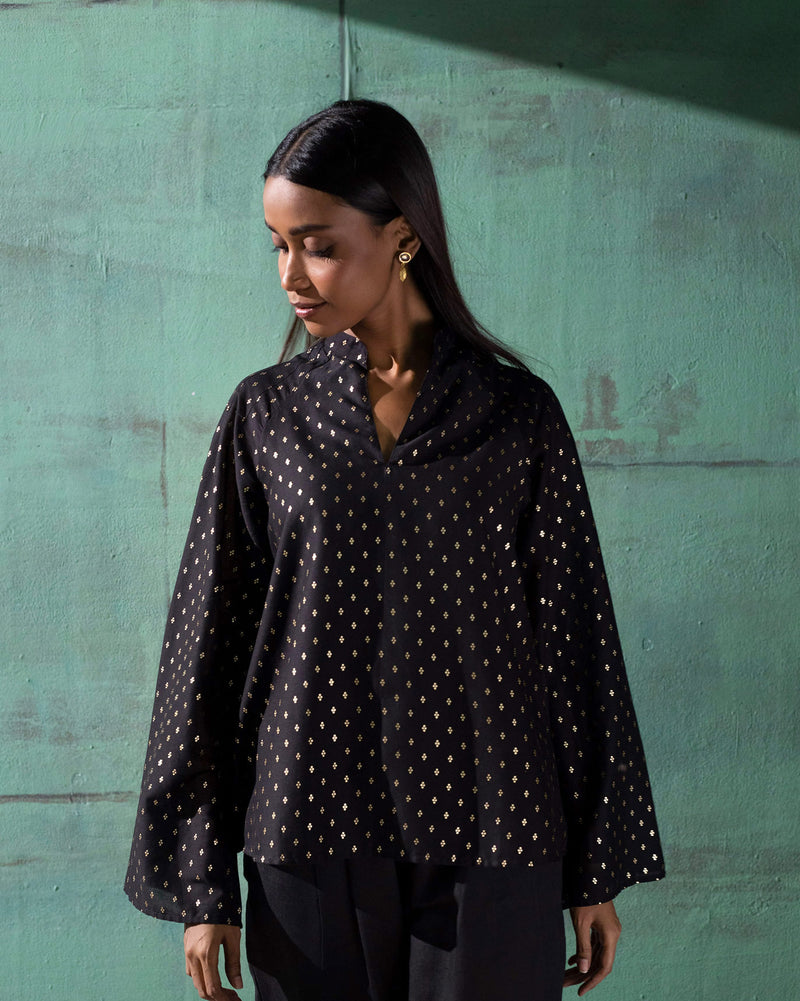 Pintuck Top - Black & Gold