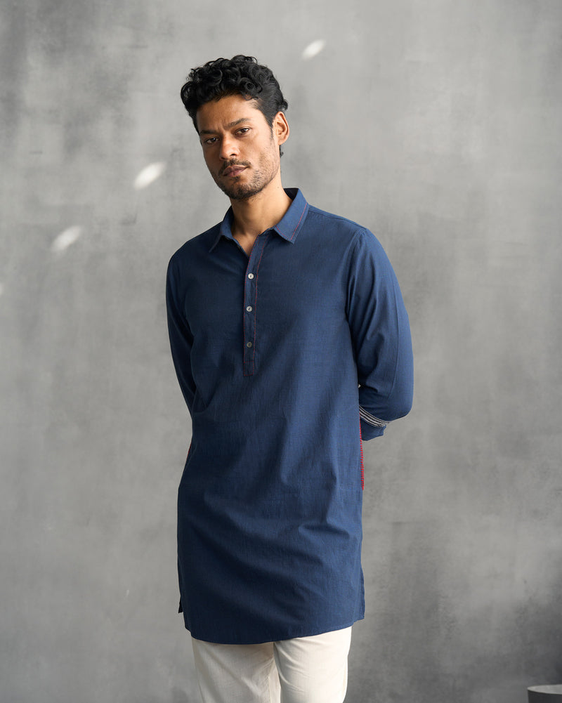 Kantha Stitch Kurta - Navy