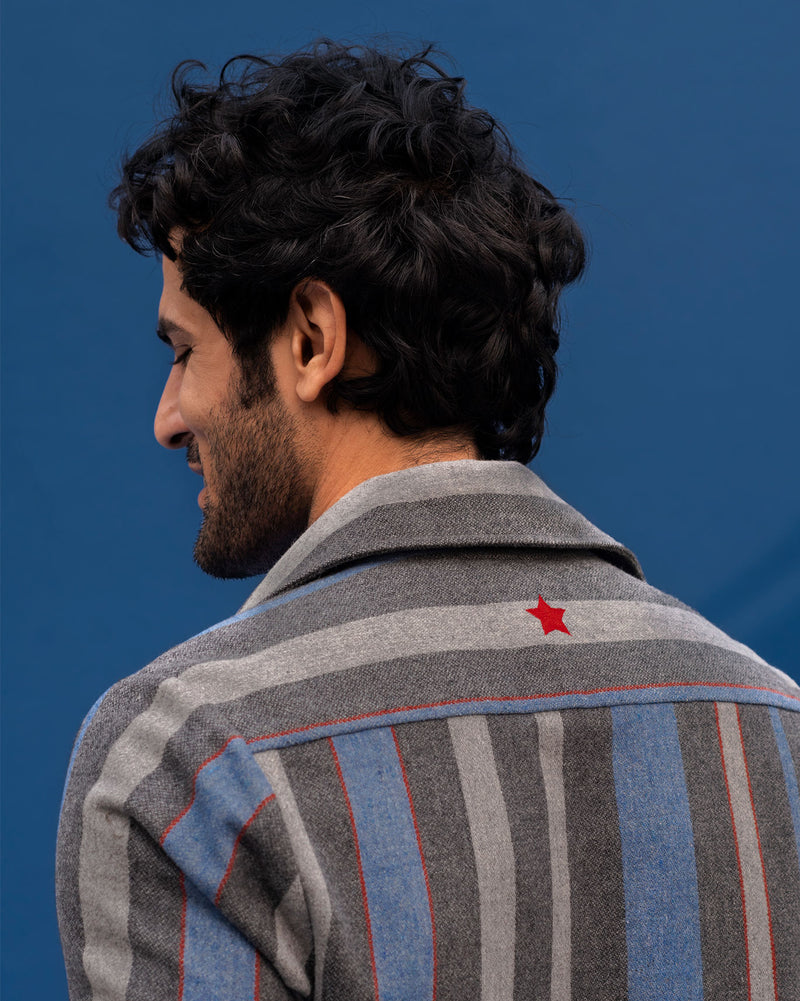 Woolen Knotch collar jacket - Grey and Blue
