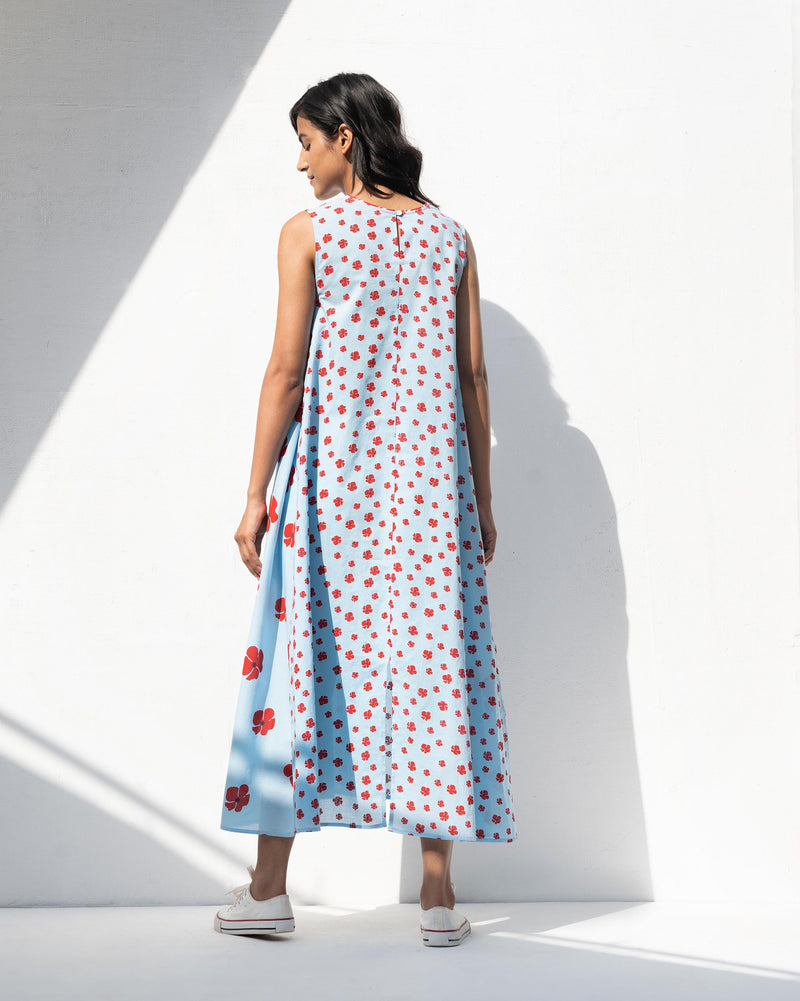 Side Elastic Dress - Blue & Red