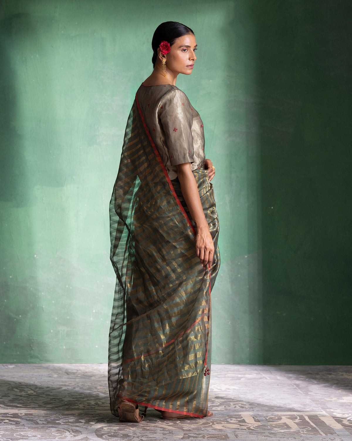 Zari Stripe Sari - Olive & Gold