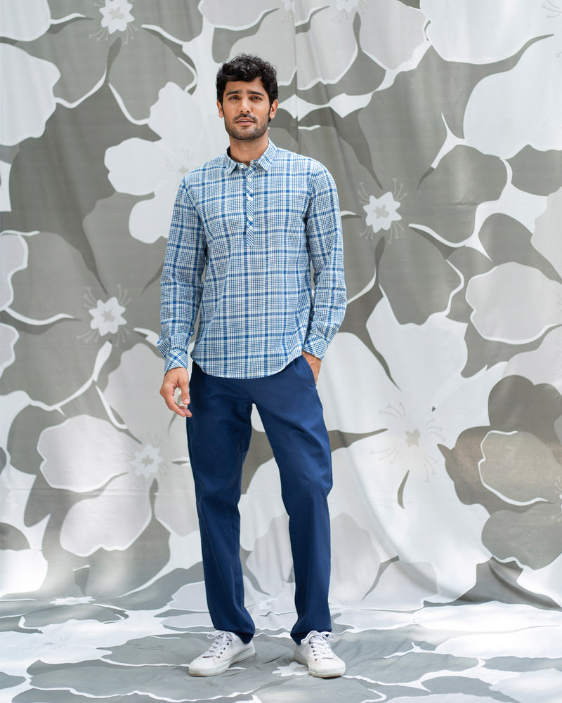 Half Placket Shirt - Blue & Ivory
