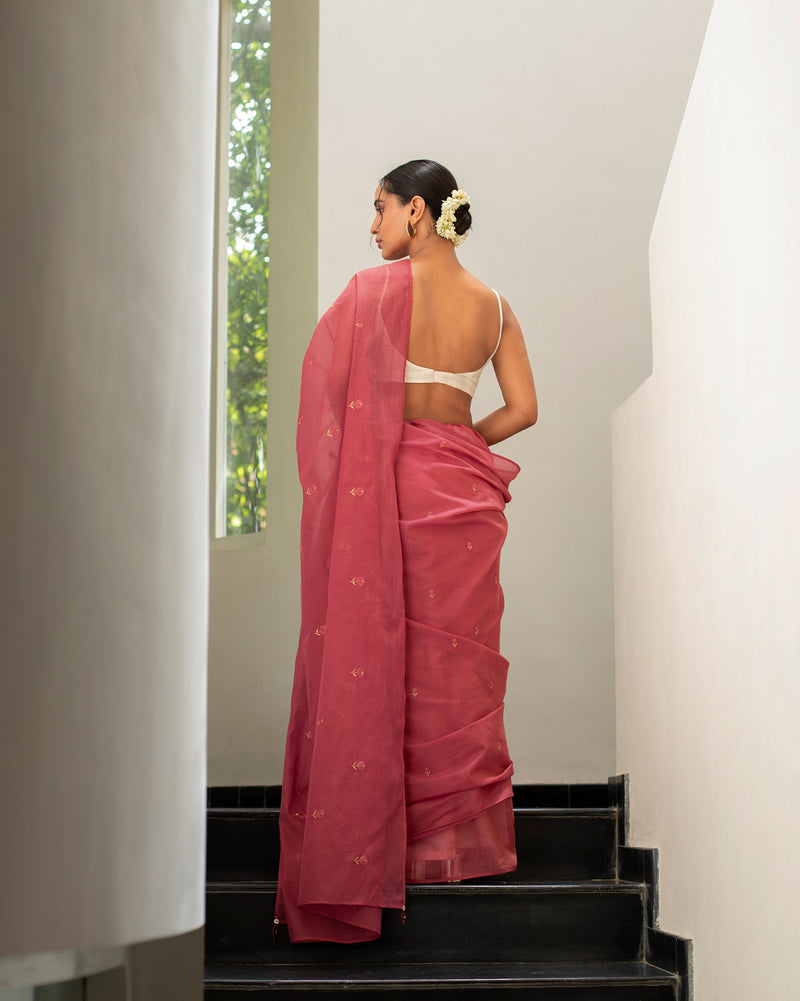 Skyline Sari - Brick Red & Gold