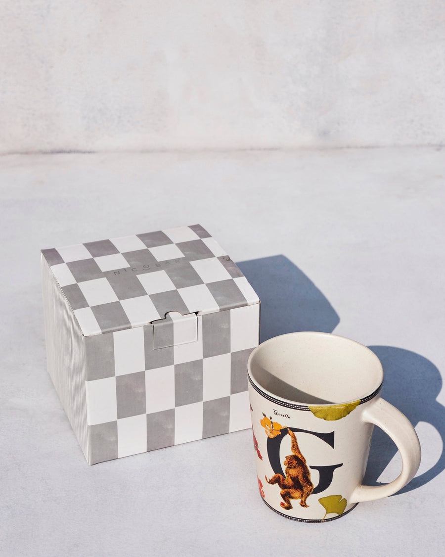 The Gulmohar Mug beside its chequered Nicobar gift box.