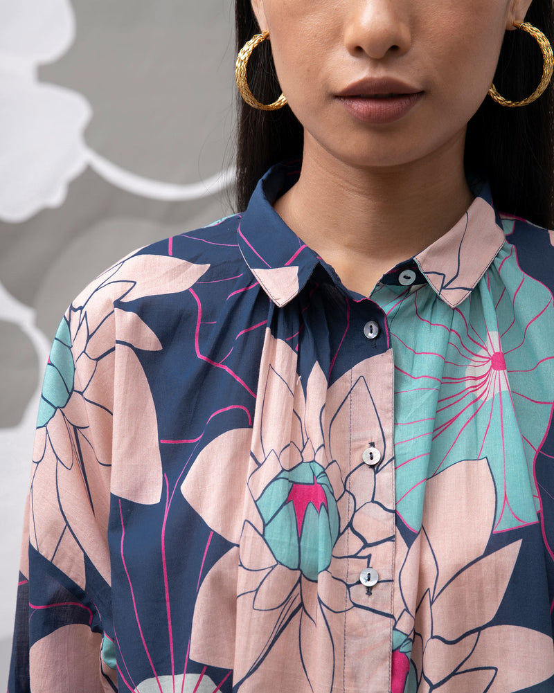 Gathered Shirt - Blue & Pink