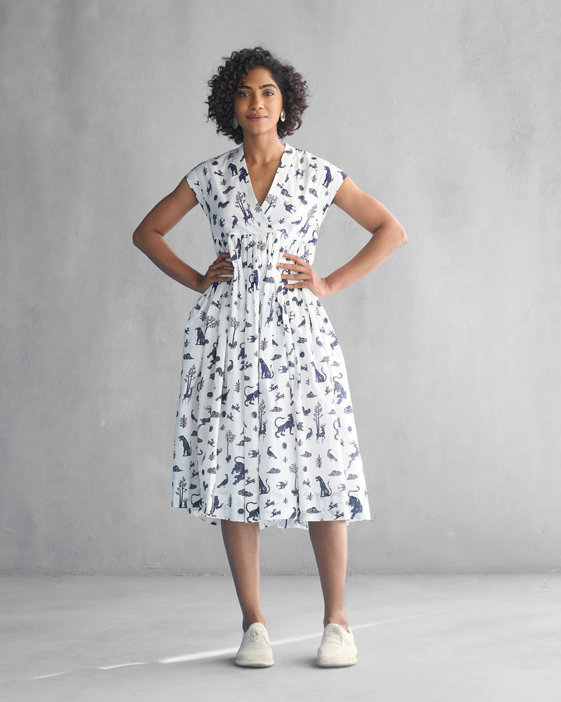 Woodland Dress - White & Navy
