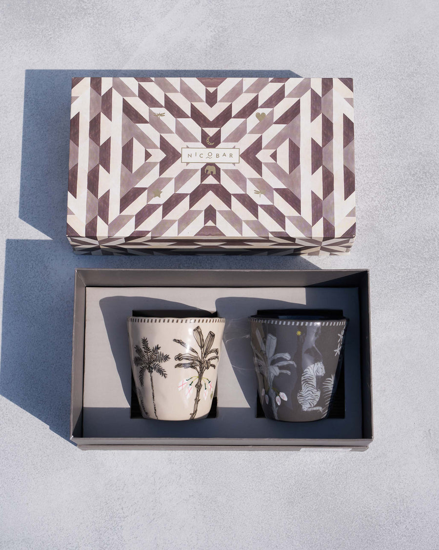 The Malabar mugs in their open Nicobar gift box.