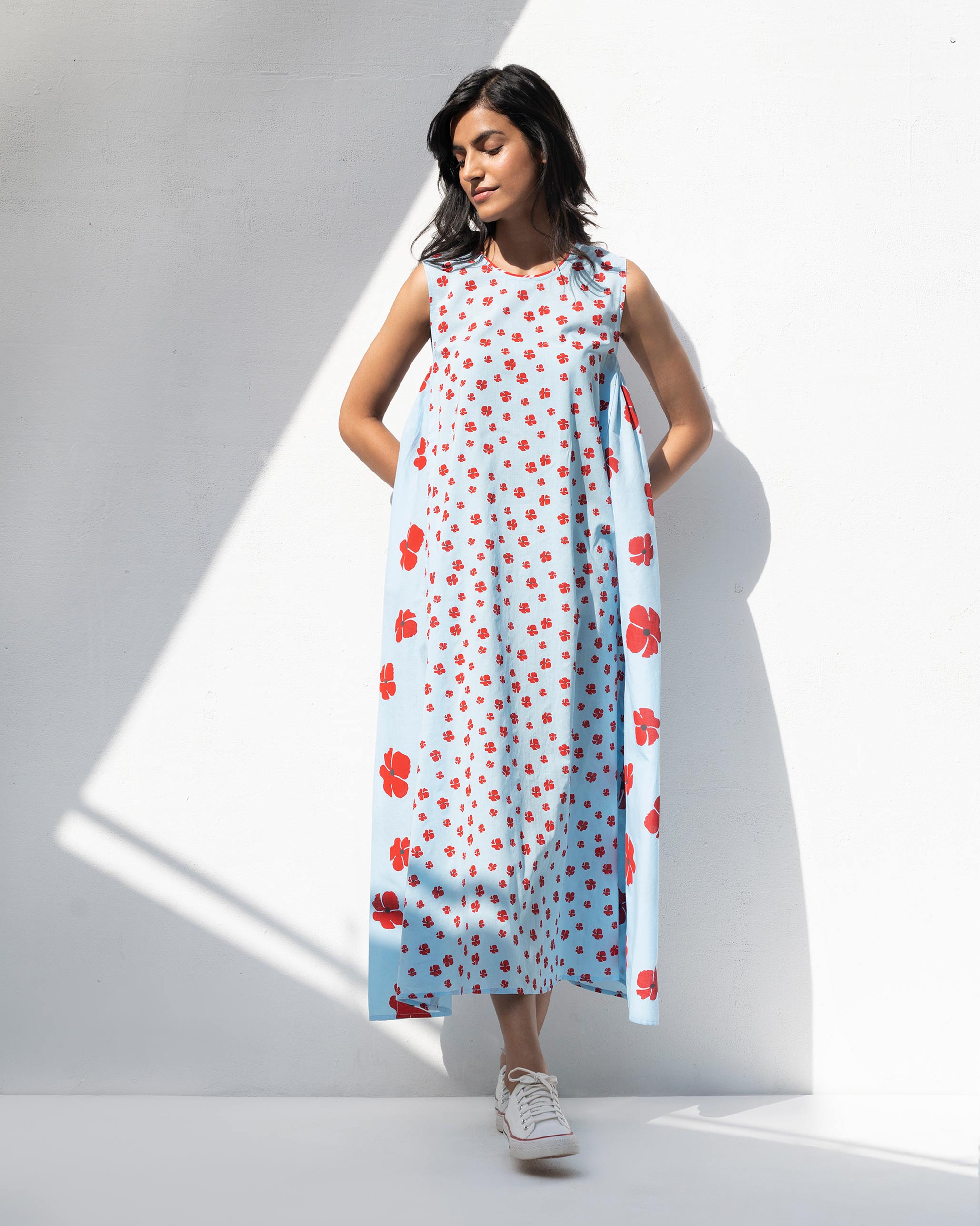 Side Elastic Dress - Blue & Red