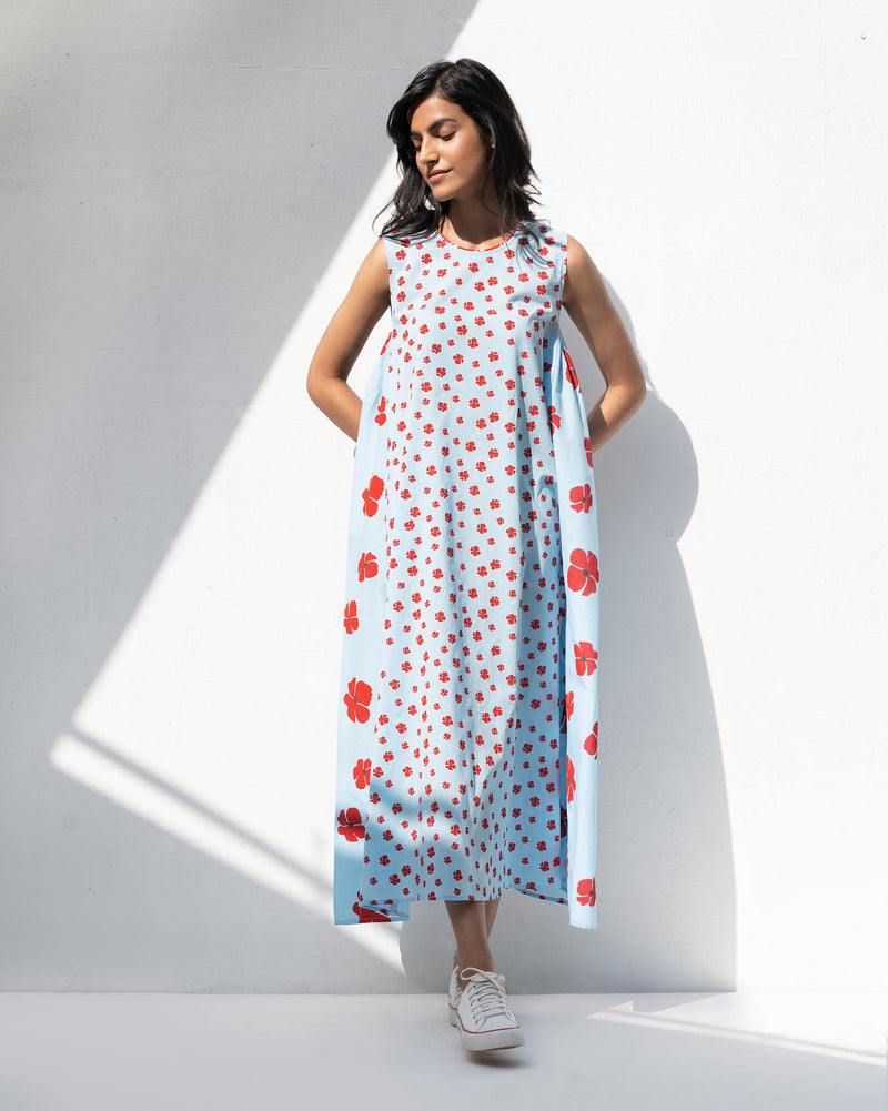 Side Elastic Dress - Blue & Red