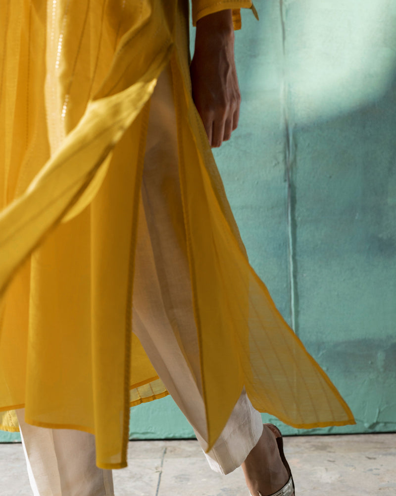 Pleated Kurta & Slip - Yellow & Gold