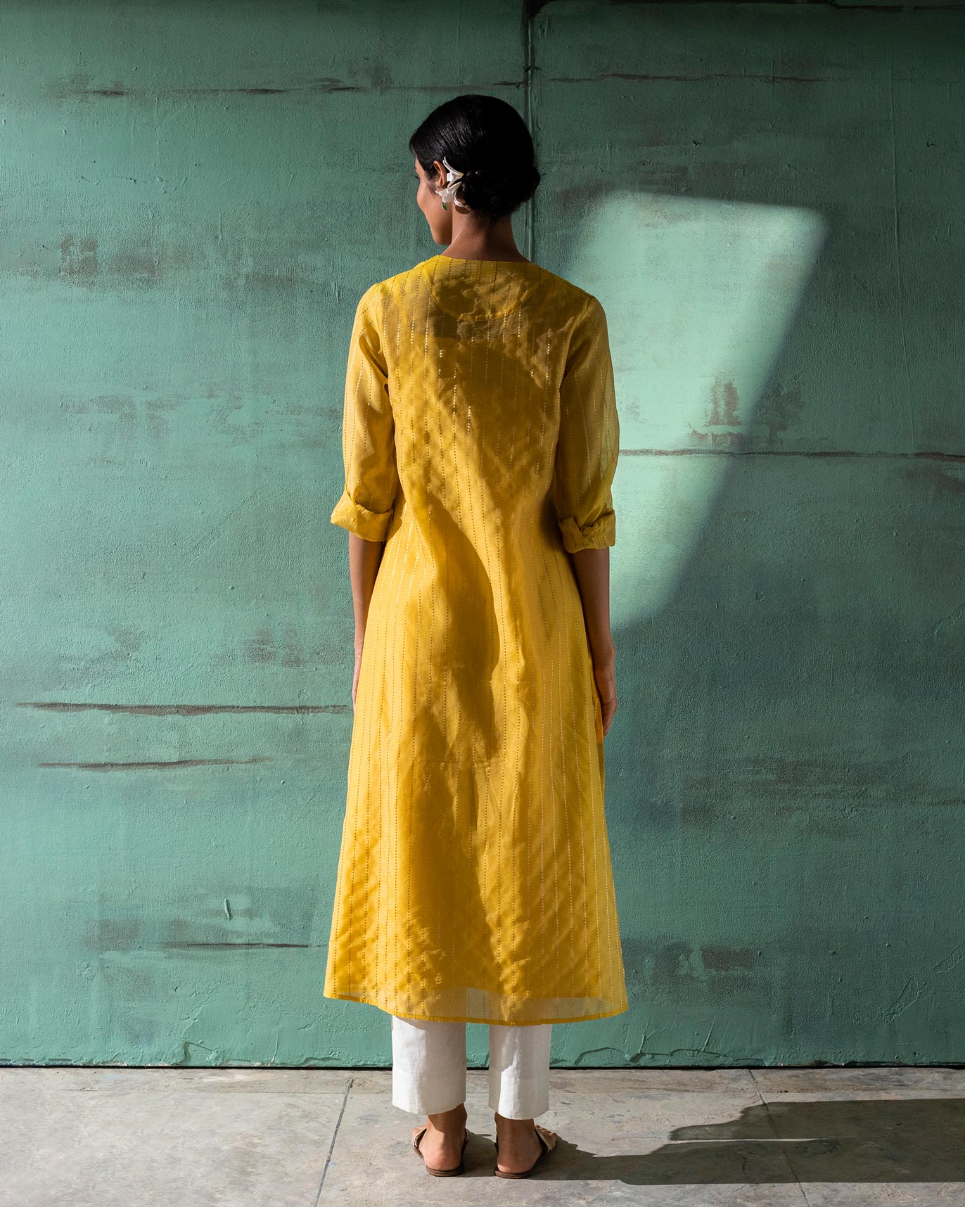 Pleated Kurta & Slip - Yellow & Gold