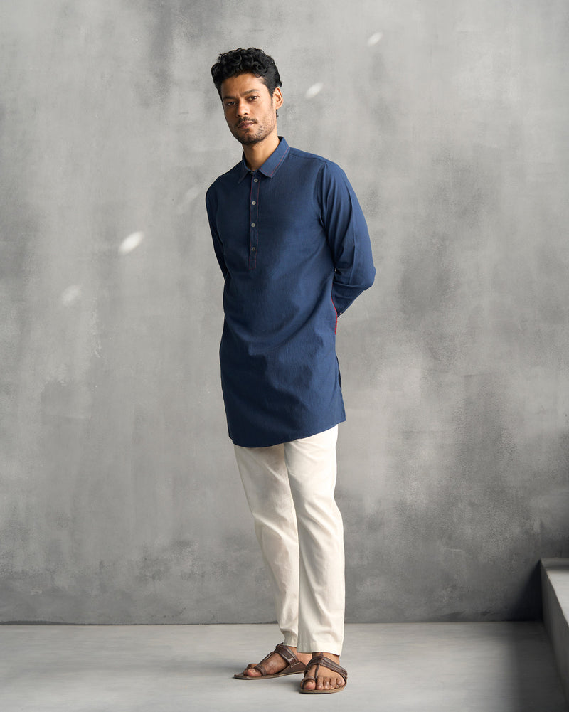 Kantha Stitch Kurta - Navy