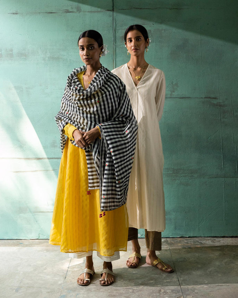 Pleated Kurta & Slip - Yellow & Gold